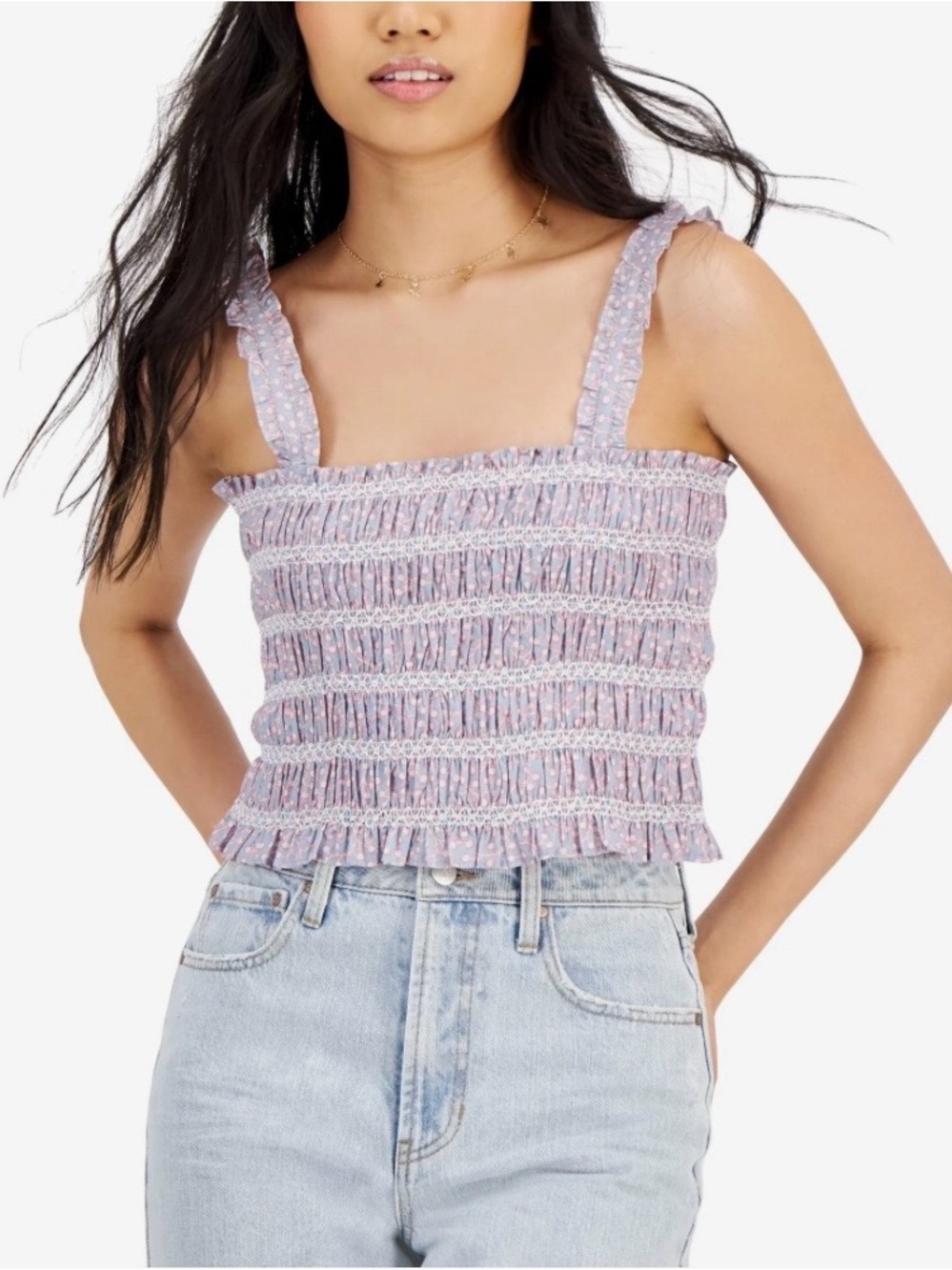 FRENCH CONNECTION - Smocked Square Neck Cropped Cotton Top Size 0